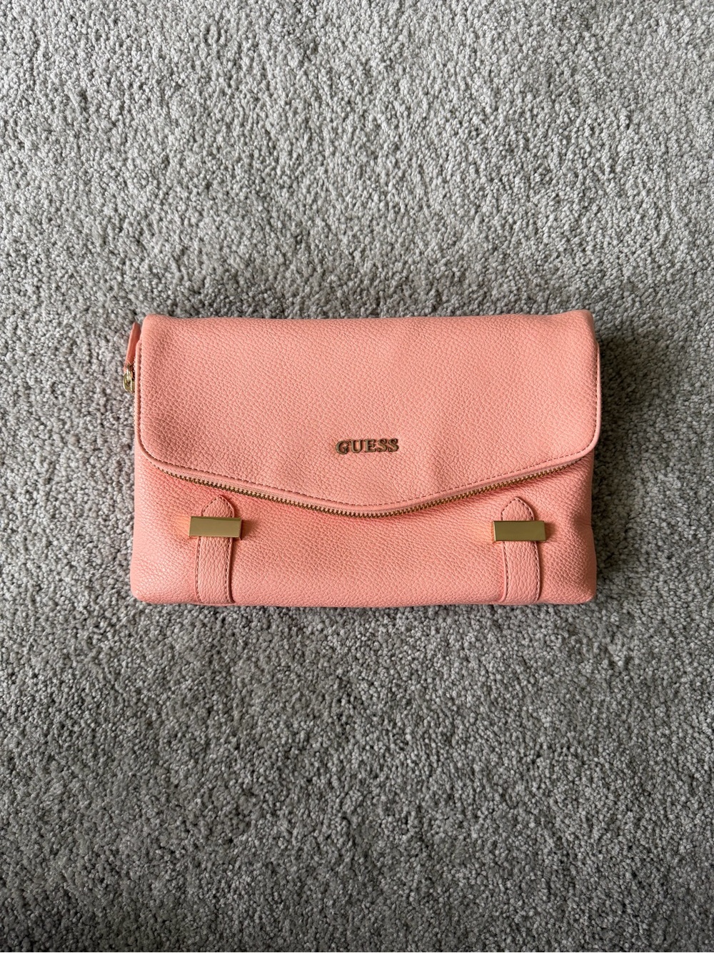 GUESS Coral Pink Fold-Over Pebble Clutch with Gold Hardware